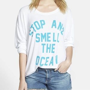 WILDFOX Stop & Smell The Ocean Sweatshirt Long Sleeve White & Blue XS oversized